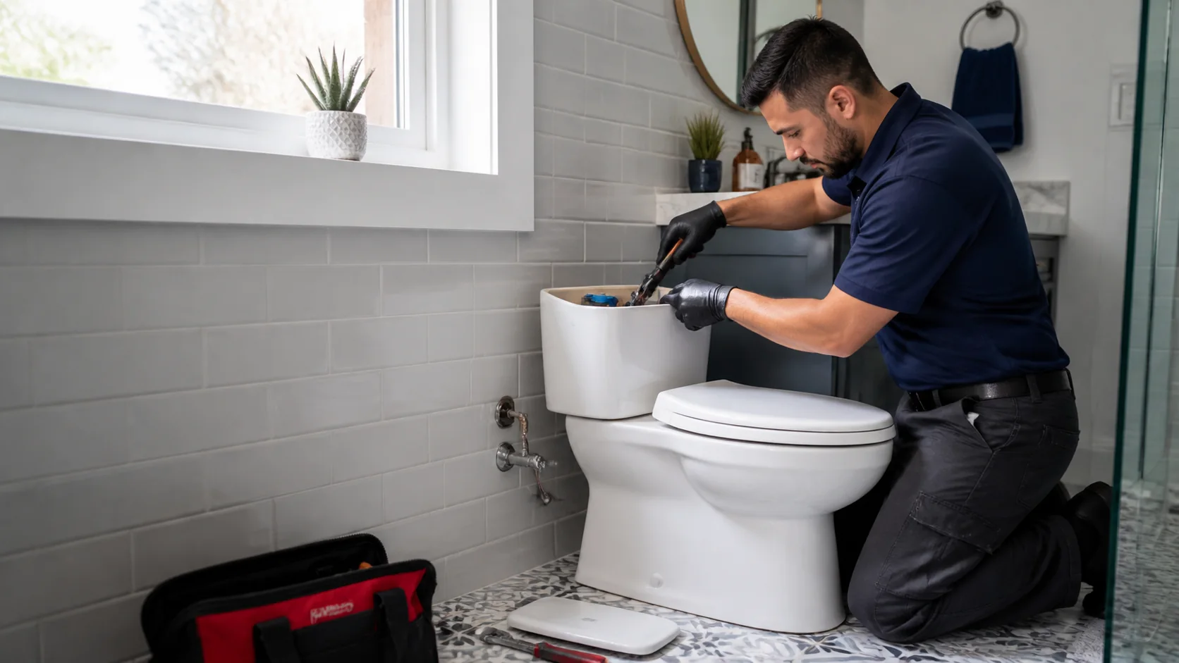 Plumbing technician inspecting a toilet connection in a bright Houston bathroom